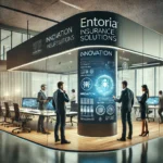 L'image représente un bureau moderne avec un espace ouvert lumineux où des personnes collaborent autour de grandes tables. Des écrans interactifs affichent des graphiques, symbolisant l'innovation et la technologie. Un mur en verre arbore subtilement un logo, renforçant une ambiance professionnelle et axée sur les solutions d'assurance.