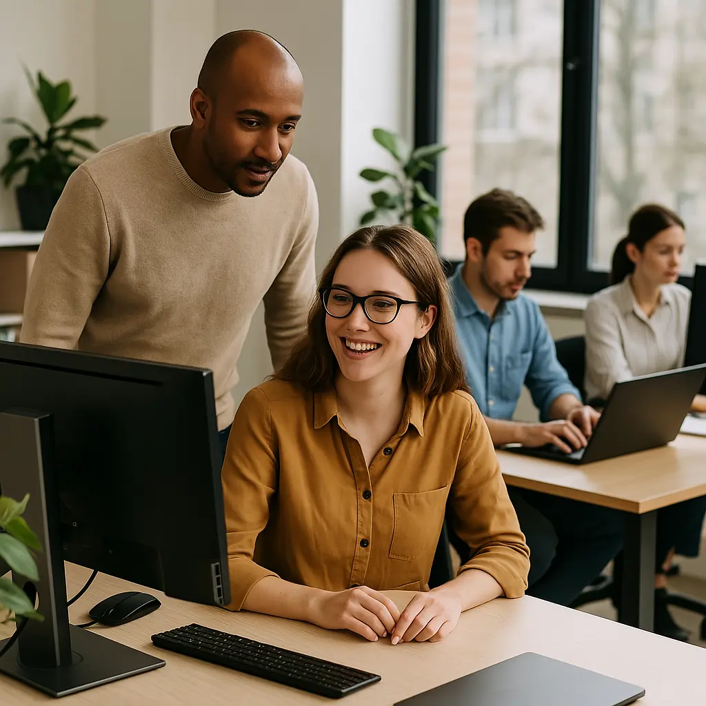 La photo montre un bureau lumineux avec de grandes fenêtres et une ambiance moderne. Plusieurs employés échangent ou travaillent sur leurs ordinateurs dans un espace calme et végétalisé. Au premier plan, une femme sourit à son collègue pendant qu’ils collaborent autour d’un bureau ordonné.
