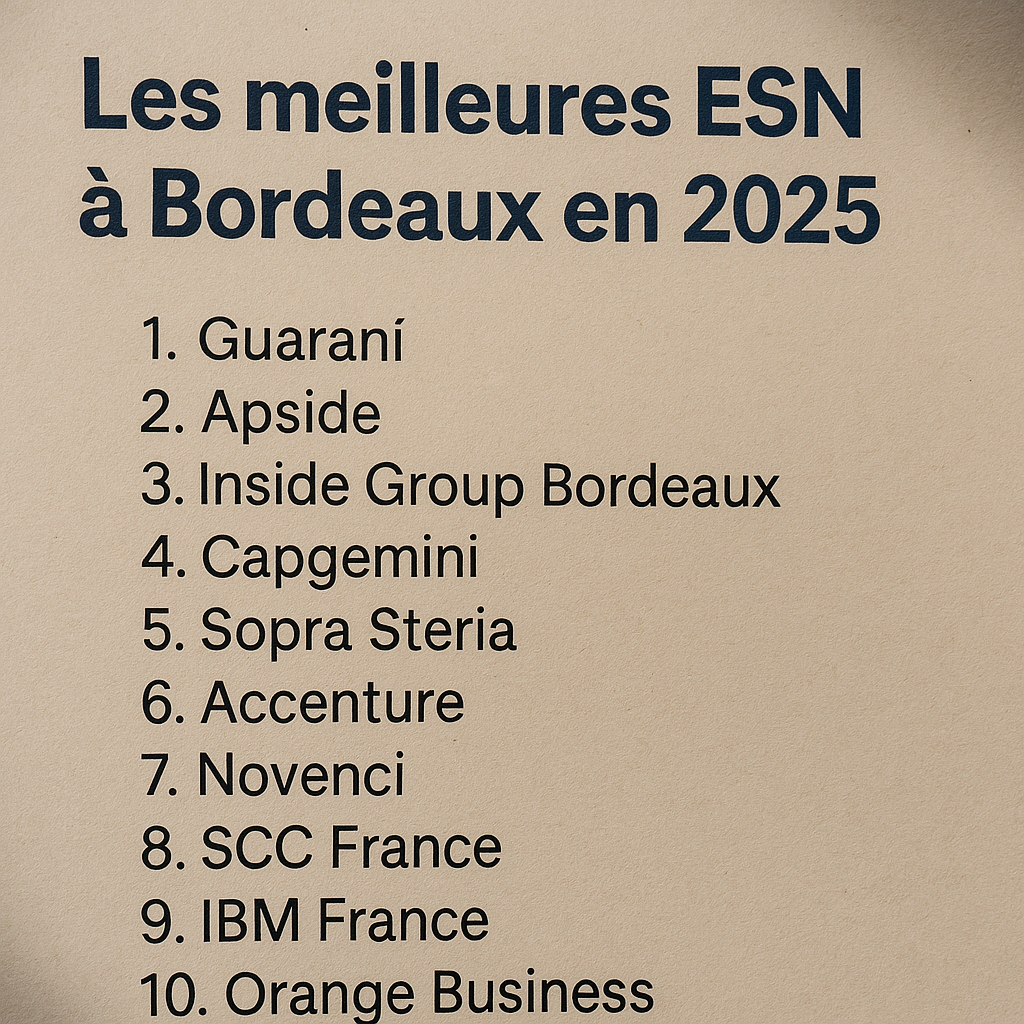 La photo montre une feuille imprimée posée sur une table, éclairée par une lumière naturelle douce. On y lit clairement le titre « Les meilleures ESN à Bordeaux en 2025 » avec une liste d’entreprises en dessous.