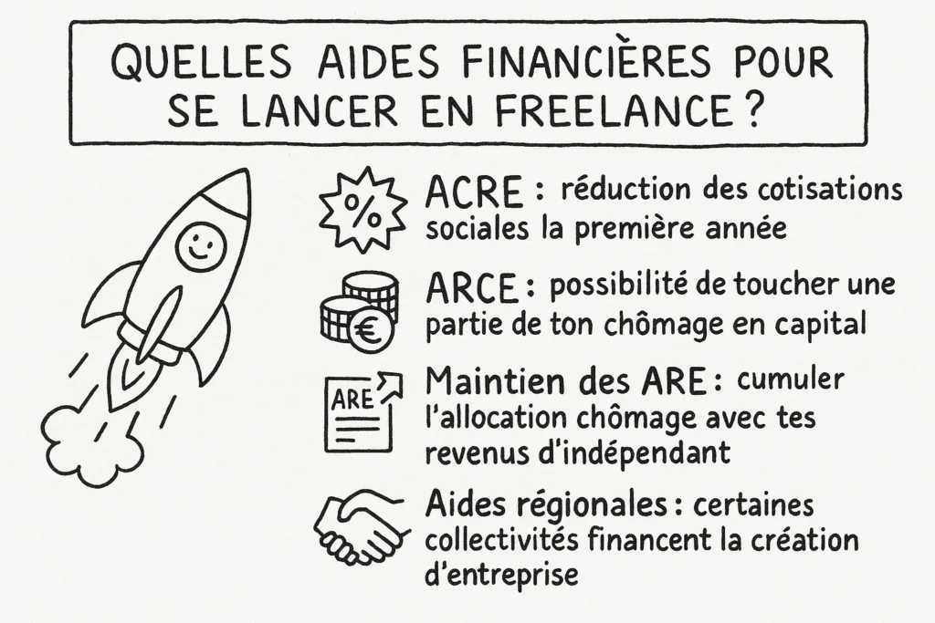 Infographie dessinée à la main en noir et blanc. À gauche, une fusée souriante décolle pour symboliser le lancement. À droite, quatre aides financières sont listées avec des icônes claires : ACRE (réduction cotisations), ARCE (capital), ARE (cumul), et aides régionales.