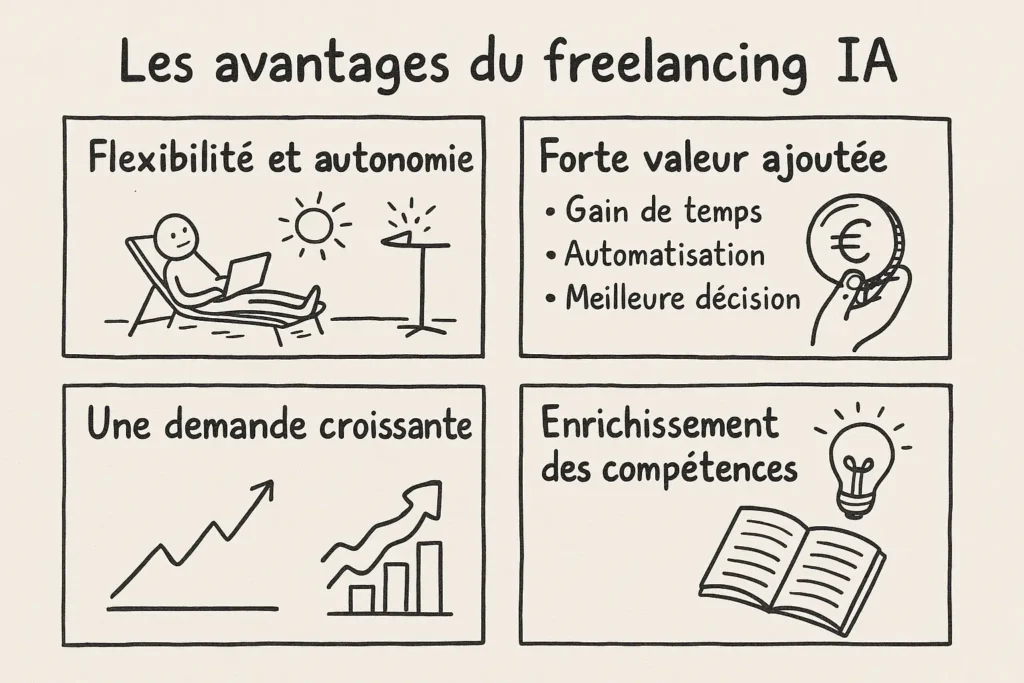 L’infographie montre quatre encadrés dessinés à la main : un freelance sur un transat illustre la flexibilité, une pièce avec un euro représente la valeur ajoutée, une courbe ascendante symbolise la demande croissante, et un livre ouvert avec une ampoule évoque l’enrichissement des compétences. Le tout est présenté de manière claire et lisible.