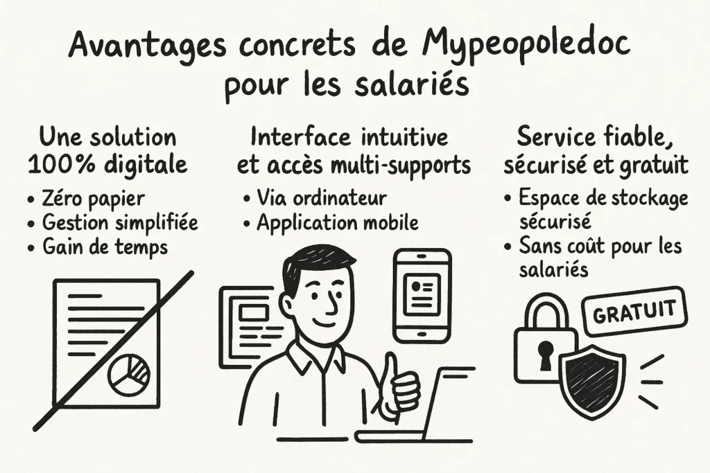 L’image affiche trois sections dessinées à la main : un document barré (zéro papier), un salarié souriant entre un smartphone et un ordinateur (accès multi-supports), et un cadenas avec un bouclier (service sécurisé et gratuit). Chaque élément illustre un bénéfice concret pour les employés