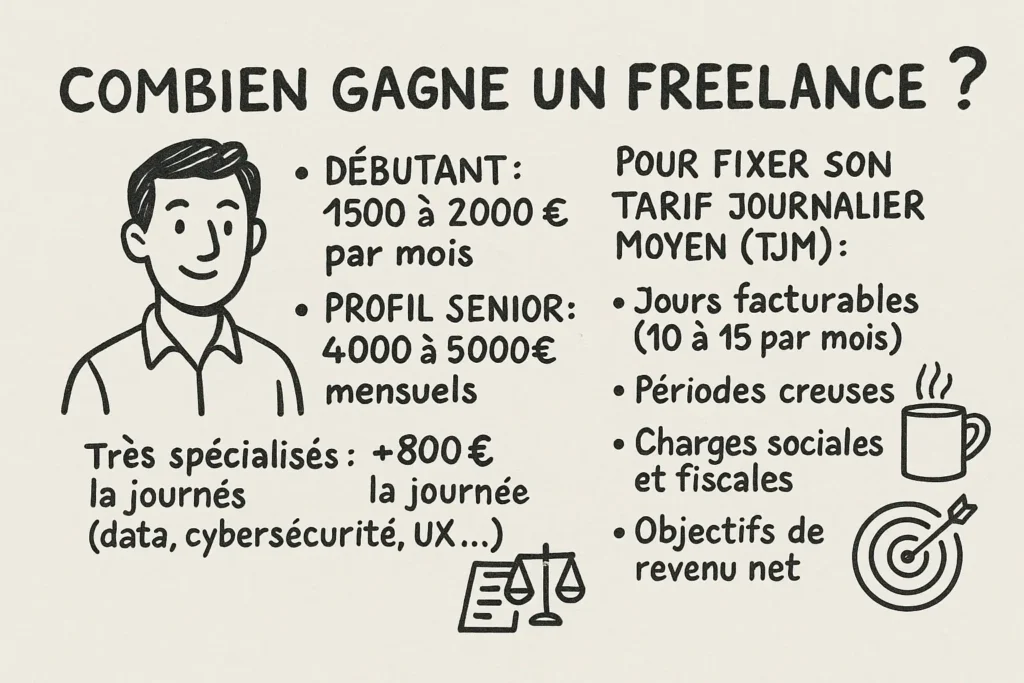 L’image montre à gauche un freelance souriant, suivi de trois catégories de revenus : débutant (1500-2000€), senior (4000-5000€), expert spécialisé (+800€/jour). À droite, quatre critères pour fixer son TJM sont illustrés : jours facturables, périodes creuses, charges sociales, et objectif de revenu.