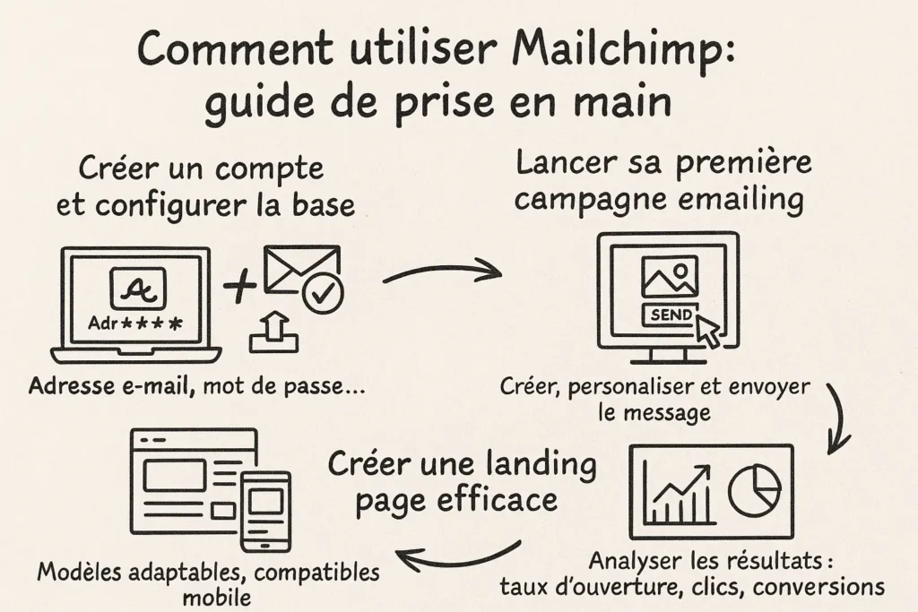 L’infographie montre quatre étapes illustrées à la main : créer un compte, lancer une campagne, concevoir une landing page et analyser les résultats. Chaque étape est accompagnée d’icônes claires comme un écran, une enveloppe ou un graphique. Le style est simple, dessiné à la main, et facilite la compréhension immédiate du processus.