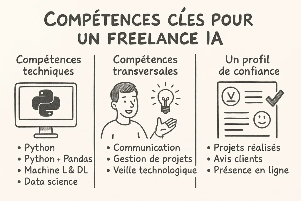 L’image montre trois colonnes dessinées à la main. À gauche, un écran avec le logo Python illustre les compétences techniques essentielles. Au centre, un freelance pointe une ampoule allumée pour symboliser les compétences transversales. À droite, une fiche validée représente un profil de confiance avec projets et avis clients.