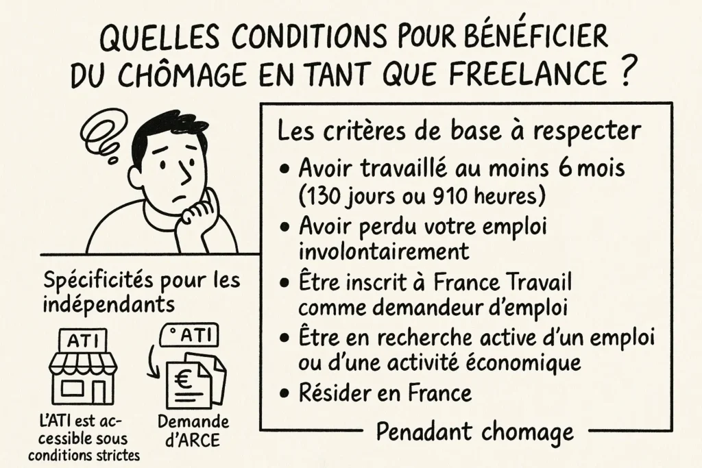 L’infographie montre un personnage pensif à gauche, illustrant le doute face au chômage. À droite, cinq critères d’éligibilité au chômage pour les freelances sont listés (durée de travail, perte involontaire, inscription, recherche d’emploi, résidence). En bas, deux pictogrammes résument les spécificités pour les indépendants : ATI et ARCE.