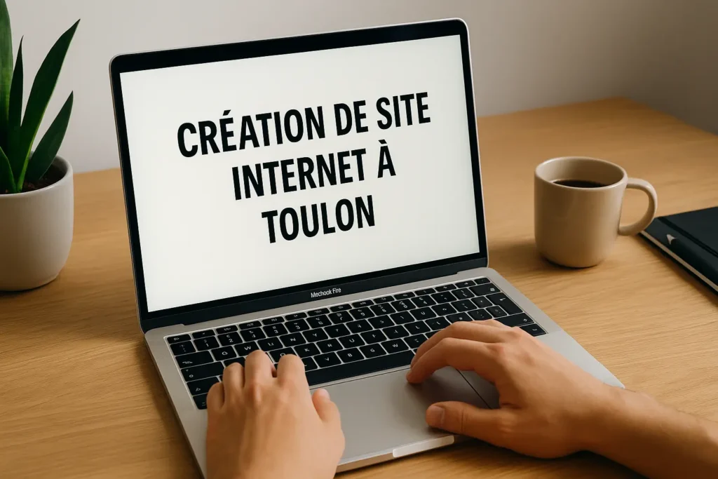 Photo d’un bureau en bois clair avec un ordinateur portable affichant en grand “CRÉATION DE SITE INTERNET À TOULON”. Autour du laptop, une tasse de café, un carnet noir et une plante apportent une ambiance professionnelle et agréable. L’image attire l’œil instantanément grâce à la clarté du message et son cadrage épuré.