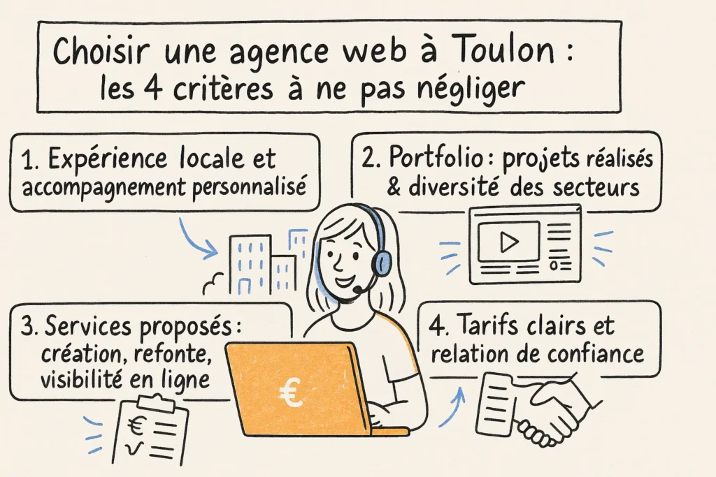 L’infographie illustre les 4 critères pour bien choisir une agence web à Toulon. Chaque point est représenté par une icône dessinée à la main : immeuble, écran, ordinateur, poignée de main. Au centre, un personnage souriant symbolise l’accompagnement client.