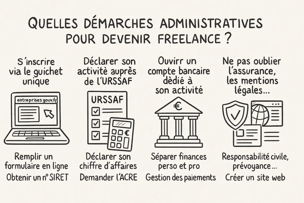 L’infographie présente quatre blocs dessinés à la main : un ordinateur pour l'inscription via le guichet unique, un formulaire URSSAF, une banque pour le compte pro, et un bouclier avec une page web pour les obligations légales. Chaque bloc est accompagné de 2 à 3 phrases simples pour comprendre en 2 secondes les démarches à faire pour se lancer.