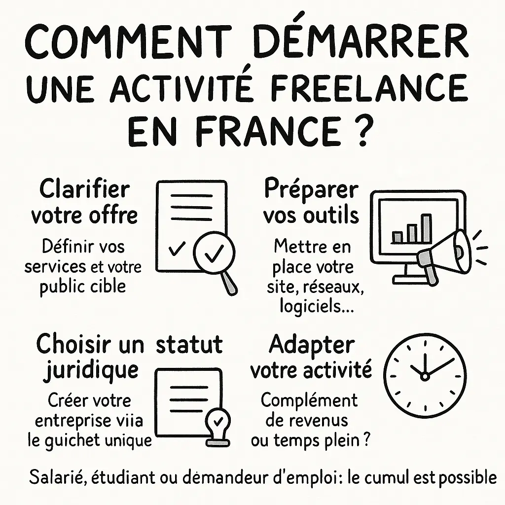 Infographie en noir et blanc, style dessin à la main. On y voit quatre cases illustrant les étapes pour se lancer en freelance : clarifier son offre, choisir un statut juridique, préparer ses outils (site, réseaux), et adapter son activité à son rythme. En bas, une phrase rappelle que le cumul est possible pour salariés, étudiants ou demandeurs d’emploi.