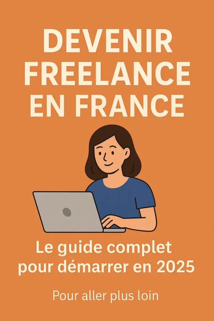 Image de couverture au fond orange uni avec le texte « Devenir freelance en France » en blanc, en haut. Une femme souriante est assise devant un ordinateur portable. En bas, la phrase « Le guide complet pour démarrer en 2025 » attire l’attention en quelques secondes.
