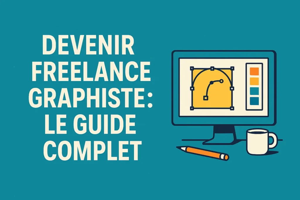 Une image en couleurs plates montre un écran d’ordinateur avec un logiciel de design ouvert, un crayon orange et une tasse blanche posés à côté. Sur la gauche, un texte blanc en lettres majuscules dit : « Devenir freelance graphiste : le guide complet ». L’ensemble, sur fond bleu, évoque instantanément le monde du graphisme indépendant