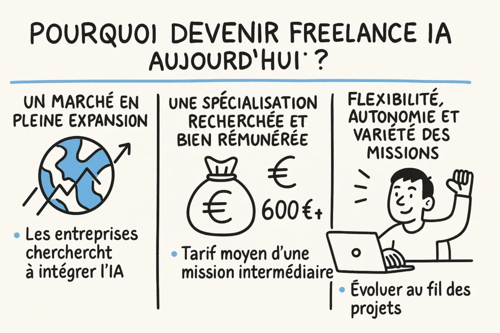 L’infographie est divisée en trois colonnes. À gauche, un globe terrestre symbolise un marché mondial en expansion. Au centre, une bourse avec le symbole euro indique un tarif de 600 € pour une mission. À droite, un freelance souriant devant son ordinateur incarne la liberté et la variété des missions.