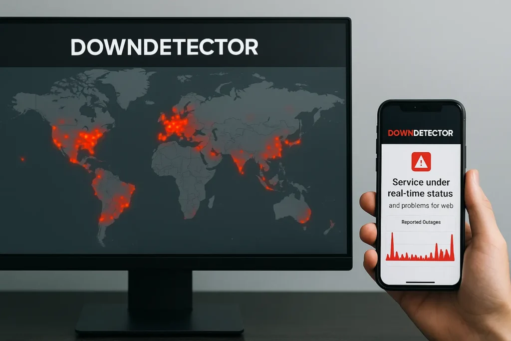 Un écran d’ordinateur montre une carte du monde avec des points rouges signalant des pannes. À droite, une main tient un smartphone affichant une alerte Downdetector en temps réel. Le visuel suggère immédiatement que quelque chose ne fonctionne pas et qu’un outil permet de tout suivre.
