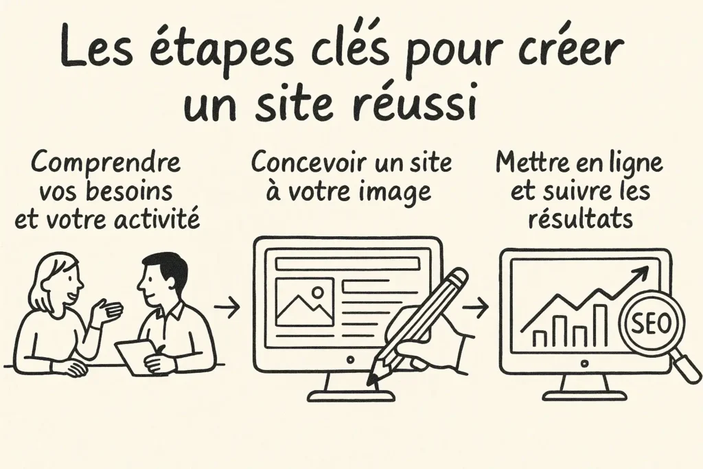 Infographie illustrée en trois étapes : comprendre ses besoins, concevoir un site adapté, puis le mettre en ligne et suivre les résultats. Chaque étape est accompagnée d’un dessin simple : une discussion, un écran et un graphique de performance. Le style est dessiné à la main, clair et immédiatement compréhensible.