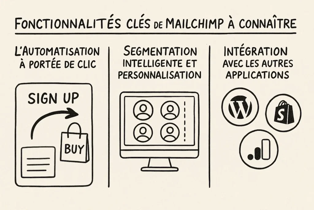 L’image montre trois colonnes illustrées à la main : l’automatisation avec un sac d’achat lié à une inscription, la segmentation avec un écran affichant des profils utilisateurs, et les intégrations avec les logos WordPress, Shopify et Google Analytics. Chaque section est titrée et illustrée de façon simple et immédiate.