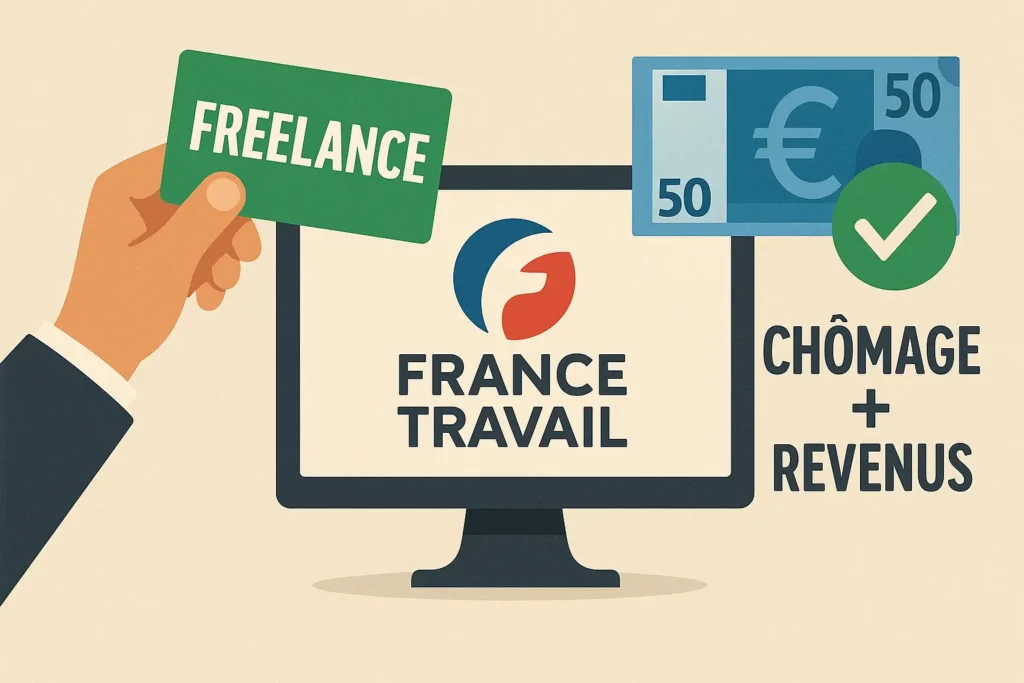 Une main tend une carte verte marquée "FREELANCE" vers un écran affichant "France Travail". À droite, un billet de 50 euros et un symbole "check" illustrent le cumul possible avec le chômage. L’image évoque rapidement l’idée d’indépendance, de revenus et de sécurité grâce aux aides de l’État.