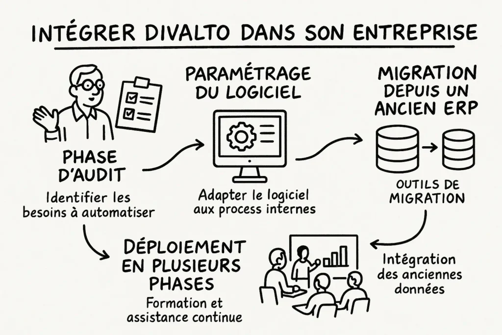 L’infographie montre quatre étapes clés pour intégrer Divalto : audit, paramétrage, déploiement progressif et migration des données. Chaque phase est illustrée par un dessin simple : consultant, écran, équipe en formation, base de données. Les flèches montrent la progression logique du projet.