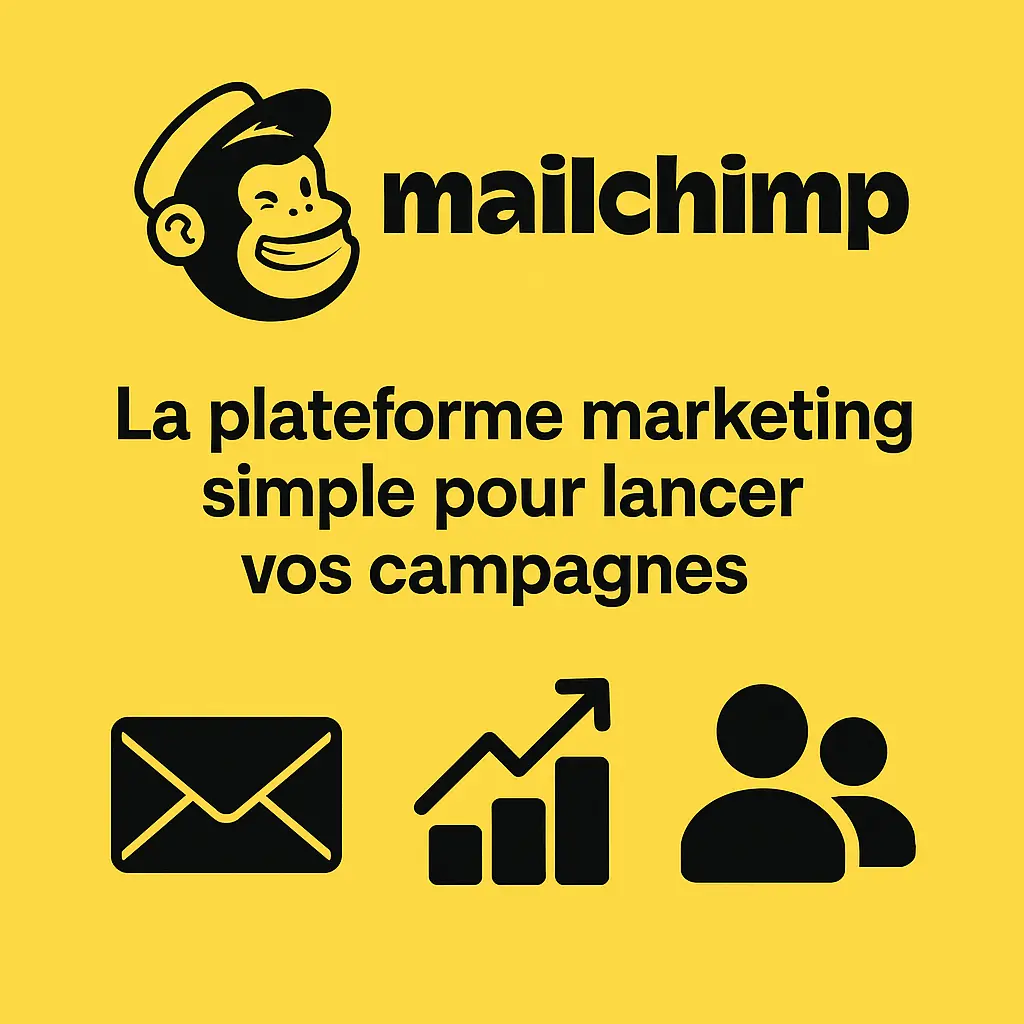 Sur fond jaune vif, un singe souriant (logo de Mailchimp) est placé au-dessus d’un titre en noir qui dit : « La plateforme marketing simple pour lancer vos campagnes ». En dessous, trois icônes : une enveloppe, un graphique en hausse et deux silhouettes représentant des utilisateurs. L’image attire l’œil immédiatement et donne envie d’en savoir plus.