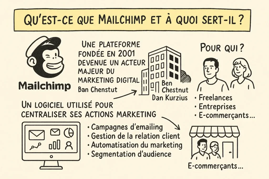 L’infographie dessinée à la main montre le logo de Mailchimp, un immeuble avec les fondateurs, et trois groupes d’utilisateurs types (freelances, entreprises, e-commerçants). Elle résume les fonctions clés comme l’emailing, la gestion client et l’automatisation. Le tout est structuré simplement pour être compris en un coup d’œil.