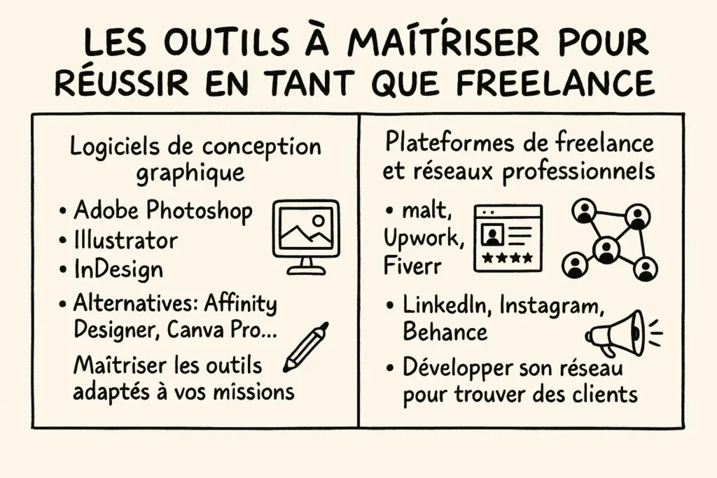 Infographie dessinée à la main, divisée en deux colonnes. À gauche : une liste de logiciels de graphisme essentiels, comme Photoshop ou Figma. À droite : les principales plateformes et réseaux à utiliser pour trouver ses premiers clients.