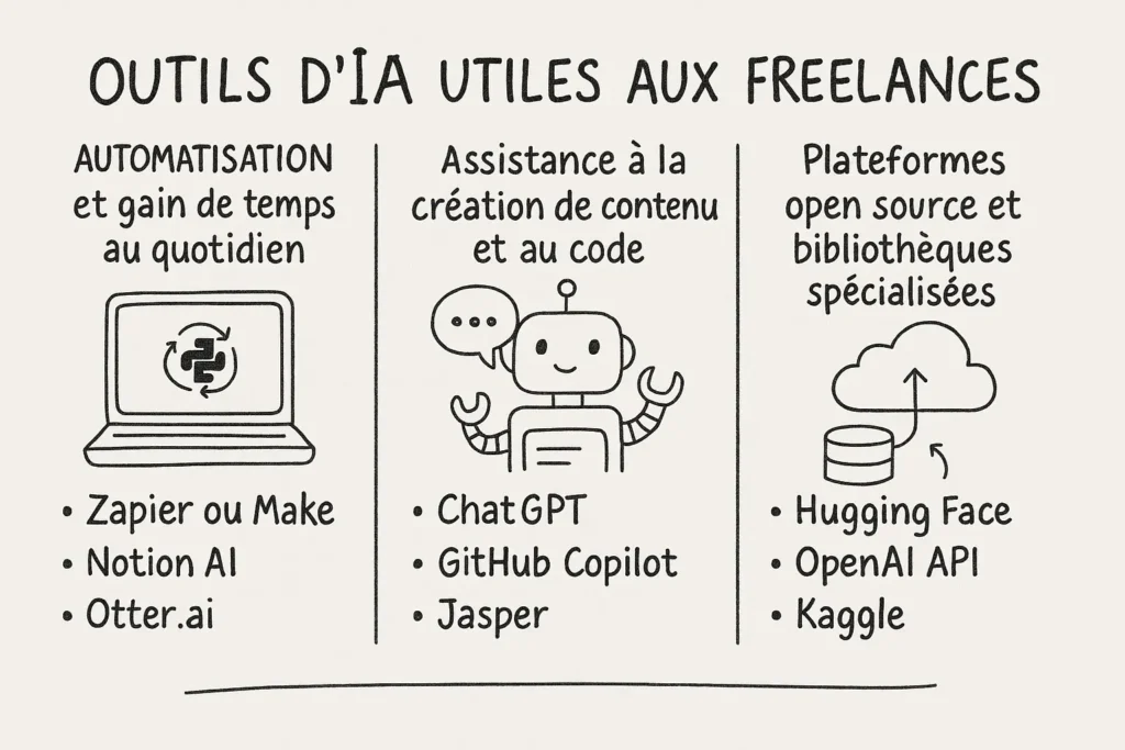 L’infographie est divisée en trois parties : un ordinateur avec le logo d’automatisation (Zapier, Notion AI, Otter.ai), un robot souriant avec une bulle de dialogue (ChatGPT, Copilot, Jasper), et un nuage connecté à une base de données (Hugging Face, OpenAI API, Kaggle). Chaque section résume un type d’outil utile aux freelances IA.