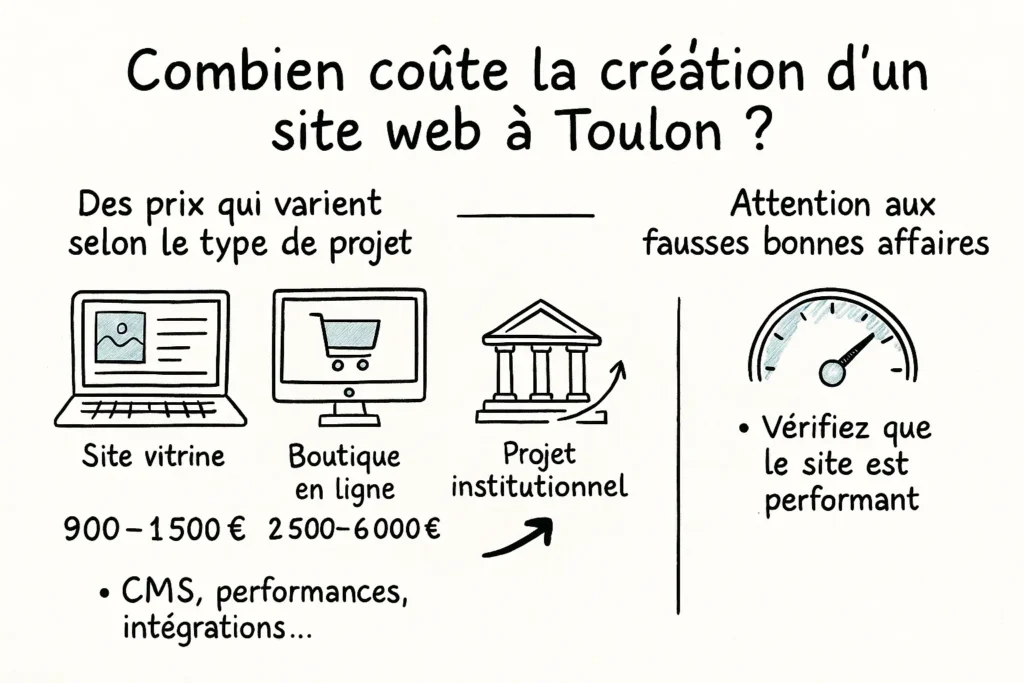 L’infographie compare trois types de projets web avec leurs fourchettes de prix : site vitrine, boutique en ligne, et projet institutionnel. Des icônes simples illustrent les différences, accompagnées d’un rappel des critères influençant le tarif (CMS, intégrations, performances). Un cadran de vitesse alerte sur les fausses bonnes affaires et l’importance de choisir un site vraiment performant.