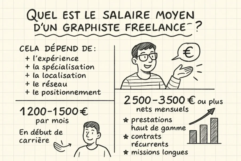 Infographie dessinée à la main sur fond quadrillé. Elle détaille les revenus d’un graphiste freelance selon l’expérience, avec une estimation de 1 200 à 3 500 € par mois. À droite, des pictogrammes illustrent les leviers de revenus : prestations haut de gamme, missions longues et contrats récurrents.