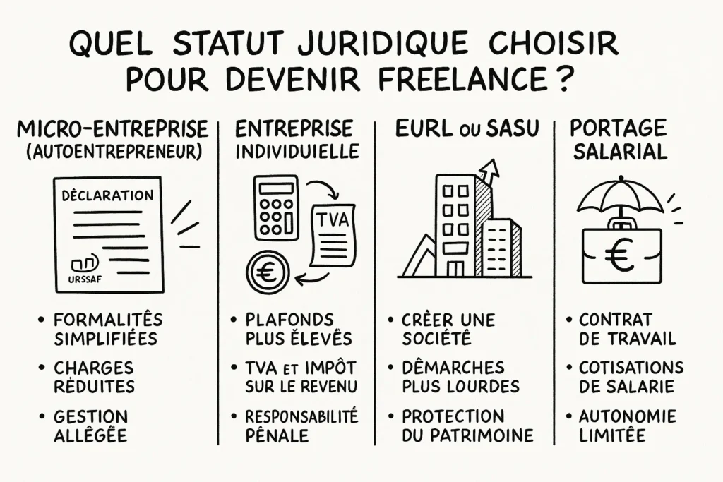 L’infographie présente quatre statuts juridiques en colonnes : micro-entreprise, entreprise individuelle, EURL/SASU et portage salarial. Chaque statut est illustré par un pictogramme simple (formulaire, calculatrice, immeuble, valise avec parapluie) et accompagné de 3 points clés. L’ensemble est structuré et lisible en un coup d'œil.
