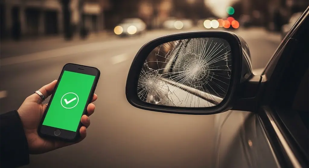 Voici une photo en gros plan du rétroviseur latéral cassé d'une voiture, avec le verre éclaté. Au premier plan, une main tient un smartphone devant le rétroviseur, affichant une icône de validation verte. La scène suggère un problème de voiture rapidement résolu grâce à une assurance ou une application.