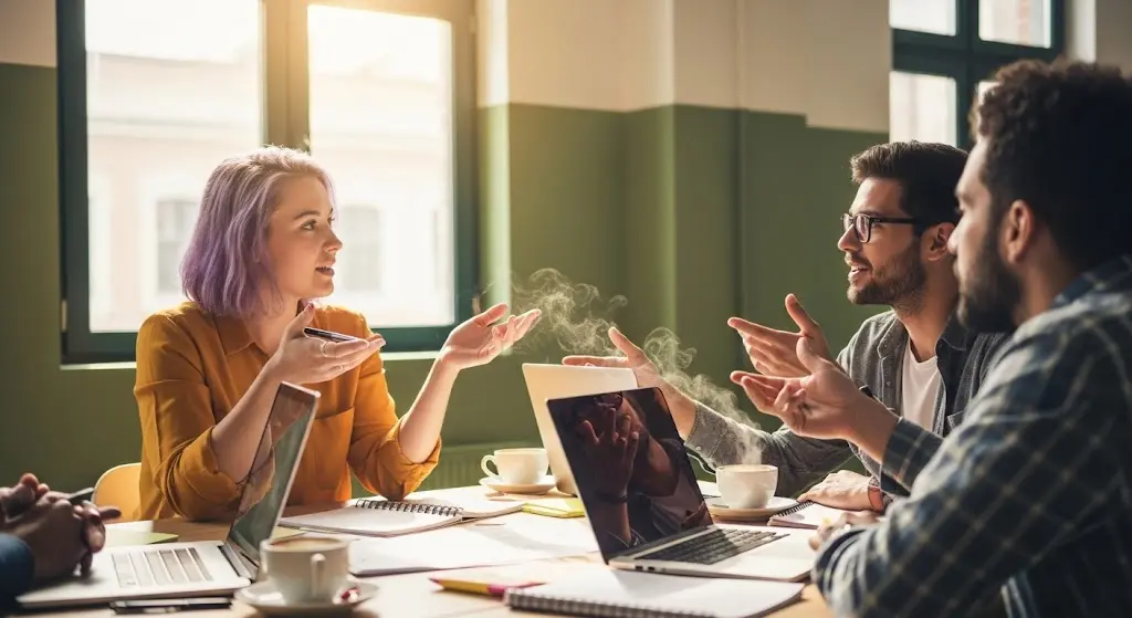 Deux ou trois personnes qui collaborent de manière informelle et positive autour d'une table, représentant le réseau et l'entraide   Génération d'image...  Afficher le raisonnement