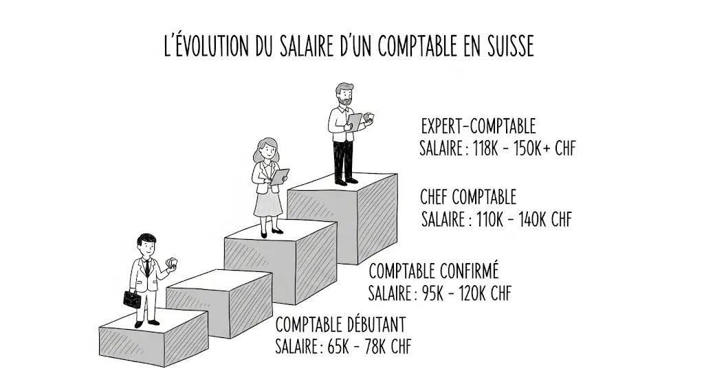 Une infographie dessinée à la main montrant quatre étapes ascendantes de la carrière d'un comptable en Suisse. Chaque marche indique un titre de poste, de "Comptable Débutant" à "Expert-Comptable", avec la fourchette de salaire correspondante en francs suisses. Le style est celui d'un croquis simple et clair, illustrant la progression salariale dans la profession.