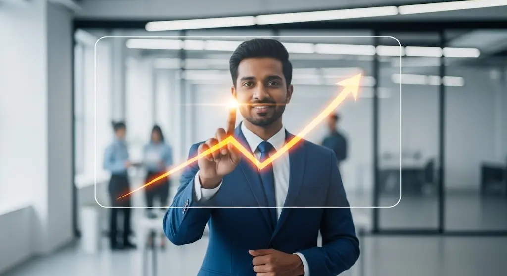 Une personne en tenue professionnelle se tient devant un grand écran numérique et futuriste. Du bout du doigt, elle dessine une flèche orange et lumineuse qui monte de manière ascendante. L'image symbolise la croissance, l'innovation et l'accélération de carrière dans un style moderne.  J'ai conçu cette image pour qu'elle soit visuellement dynamique et optimiste. La flèche ascendante est un symbole universel de croissance et de succès, immédiatement compréhensible. Elle vise à inspirer le lecteur et à lui suggérer que l'article contient les clés de sa propre progression professionnelle.