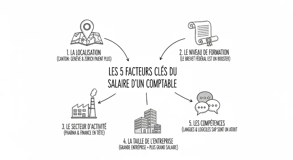 Une infographie dessinée à la main présentant les cinq facteurs qui influencent le salaire d'un comptable en Suisse. Au centre, le titre, et autour, cinq sections illustrées par des icônes : localisation, formation, secteur, taille d'entreprise et compétences. Chaque section contient un court texte explicatif, le tout dans un style de croquis clair et facile à lire.