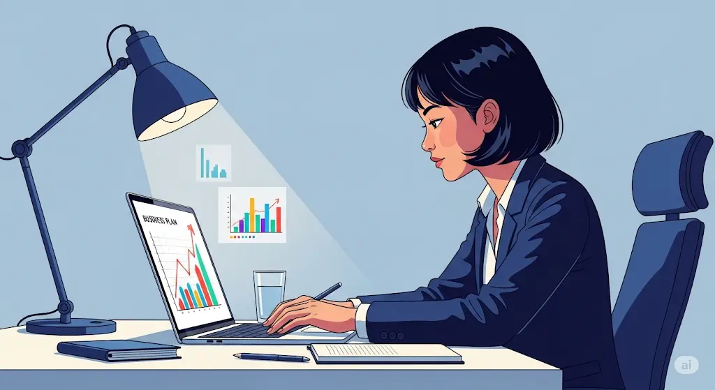 Une illustration moderne et épurée montre une entrepreneuse à son bureau, concentrée sur son ordinateur portable. Sur l'écran, des graphiques simples et colorés affichent une tendance de croissance claire et positive. L'ambiance générale est optimiste et professionnelle, suggérant le succès et la maîtrise de son projet.