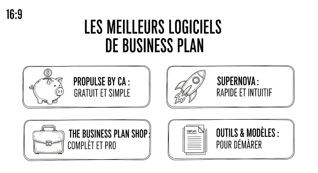 L'infographie, dans un style de dessin à la main, a pour titre "Les Meilleurs Logiciels de Business Plan". Elle présente quatre catégories principales dans des cadres distincts avec des icônes : une tirelire pour "Propulse by CA : Gratuit et simple", une fusée pour "Supernova : Rapide et intuitif", une mallette pour "The Business Plan Shop : Complet et pro" et des documents pour "Outils & Modèles : Pour démarrer". La mise en page est claire et aérée, ressemblant à un croquis sur un tableau blanc pour une lecture facile