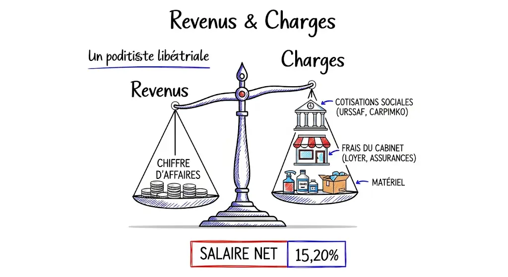 Une infographie au style de croquis, illustrant la balance financière d'un podologue libéral avec le titre "Revenus & Charges". Une grande balance représente l'équation : d'un côté les revenus (chiffre d'affaires) et de l'autre les charges qui pèsent plus lourd. Des icônes détaillent les charges principales comme les cotisations sociales, le loyer du cabinet et l'achat de matériel