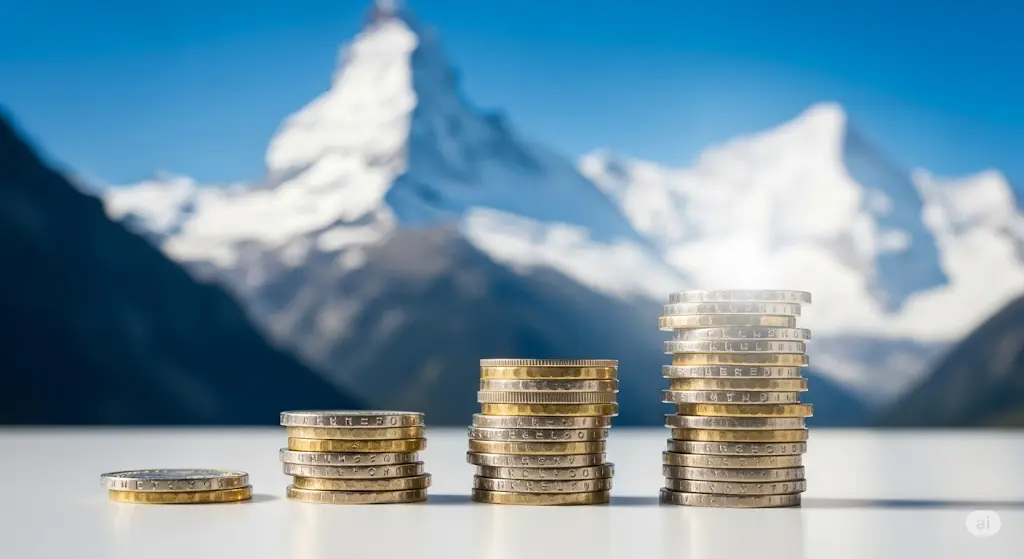 Une pile de pièces de monnaie en francs suisses, brillante et bien nette, qui grandit de gauche à droite sur un bureau. En arrière-plan, on devine un paysage de montagnes suisses majestueuses sous un ciel bleu et dégagé. L'image est lumineuse et professionnelle, symbolisant la croissance des salaires et les opportunités de carrière en Suisse