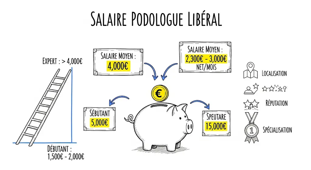 Une infographie informative dessinée à la main, style croquis, qui résume les salaires des podologues libéraux en France. Elle met en évidence le salaire moyen (2300-3000€), le salaire débutant (1500-2000€) et celui d'un expert (>4000€). Des icônes illustrent les facteurs clés qui influencent la rémunération, comme la localisation et la spécialisation.