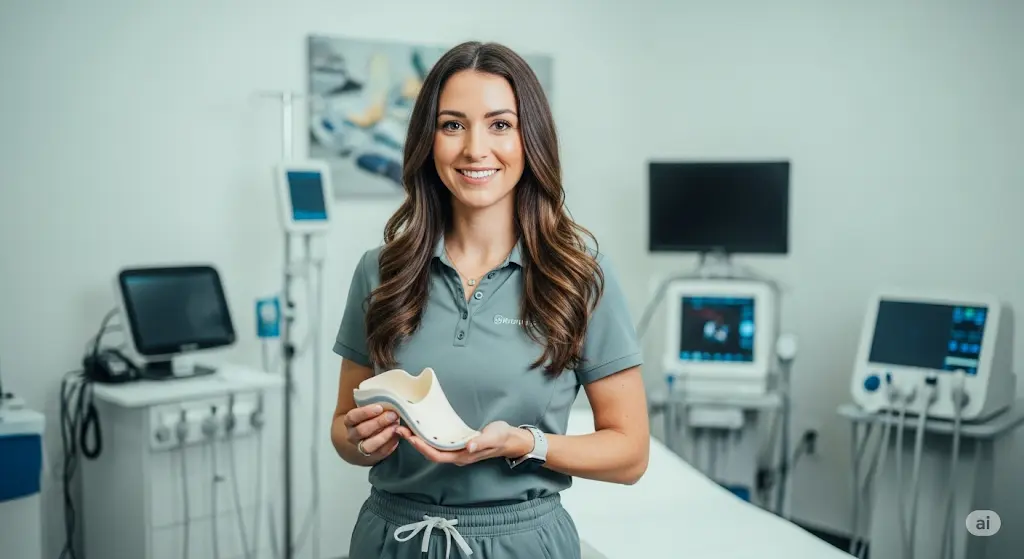 Image d'une podologue professionnelle, une femme souriante dans la trentaine, se tenant dans sa clinique moderne et lumineuse. Elle présente une semelle orthopédique sur mesure, la tenant dans ses mains pour montrer son savoir-faire et la valeur de sa profession. L'ambiance est accueillante et experte, avec des équipements médicaux sophistiqués visibles en arrière-plan pour inspirer confiance.