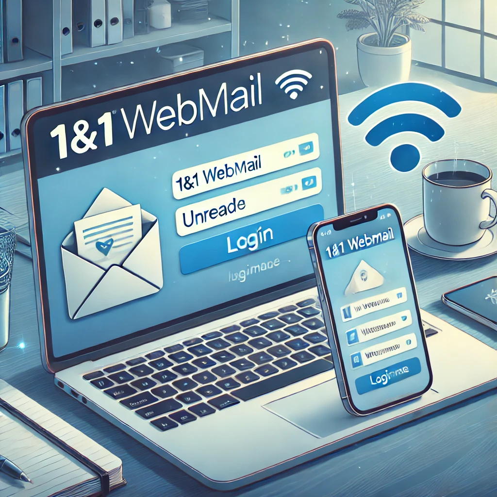 L’image montre un ordinateur portable et un smartphone affichant 1&1 Webmail (IONOS Webmail), avec une boîte de réception et un écran de connexion bien lisibles. Un symbole Wi-Fi indique une connexion active, et l’ambiance de bureau moderne avec une tasse de café, un carnet et une plante renforce l’idée d’un espace de travail fluide et organisé. Les couleurs bleu et blanc rappellent l’identité visuelle de IONOS Webmail.