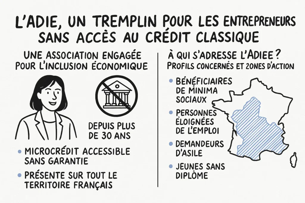 L’infographie est dessinée à la main, en noir et blanc avec quelques touches de bleu. À gauche, une femme souriante, un symbole de banque barré, et les mots "microcrédit sans garantie" résument l’action de l’Adie. À droite, une carte de France et une liste de profils éligibles, comme les bénéficiaires de minima sociaux ou les jeunes sans diplôme.
