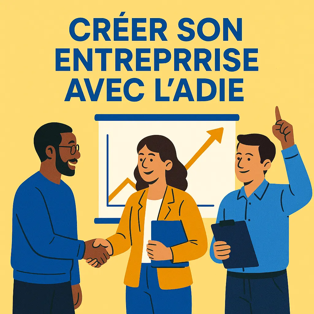 Trois personnes discutent devant un graphique en flèche montante. L’ambiance est positive, dynamique, collaborative. En haut, le message “Créer son entreprise avec l’Adie” attire immédiatement l’attention.