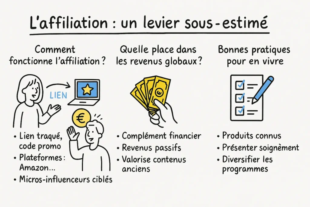 L’image est une infographie dessinée à la main, divisée en trois colonnes. Elle explique comment fonctionne l’affiliation (liens traqués, code promo, plateformes), quelle place elle occupe dans les revenus (revenus passifs, complément financier) et les bonnes pratiques pour réussir (produits connus, présentation soignée, diversification). Des dessins simples illustrent chaque idée, avec des couleurs douces et lisibles.