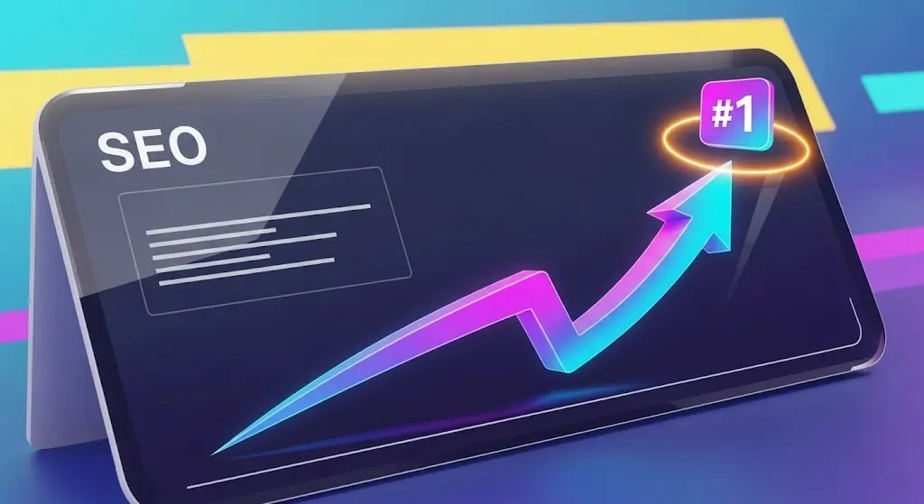 Un design numérique moderne et épuré illustre une flèche dynamique pointant vers le haut, en direction d'une icône stylisée "N°1". Cela représente la réussite en référencement (SEO) et la croissance commerciale, dans une ambiance aux couleurs vives et positives. L'image évoque le succès, le dynamisme et l'atteinte des meilleurs résultats grâce à une expertise digitale.