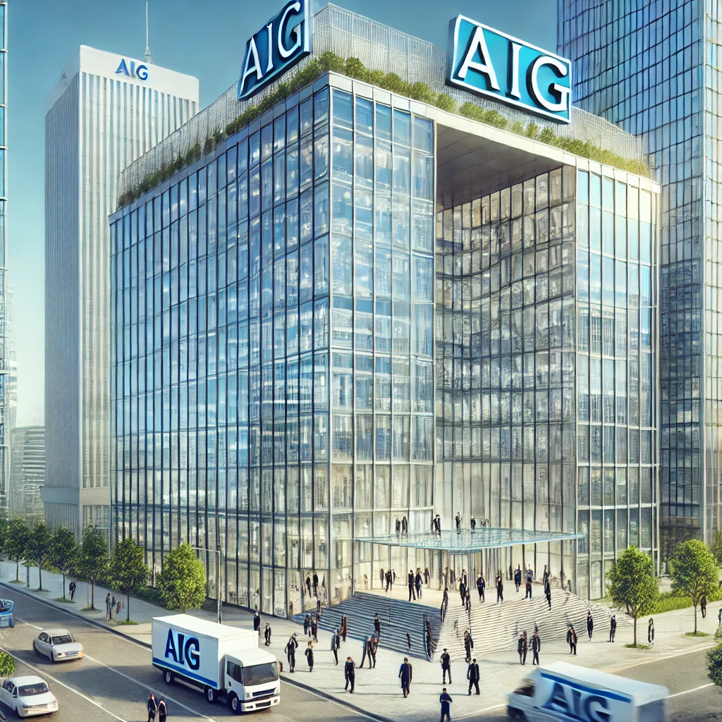 L'image montre un imposant gratte-ciel en verre avec le logo "AIG" visible en haut, situé dans une ville animée. Des personnes en tenue professionnelle entrent et sortent du bâtiment, entouré d'arbres et de circulation urbaine, sous un ciel bleu clair. L'ensemble reflète une ambiance dynamique et moderne.