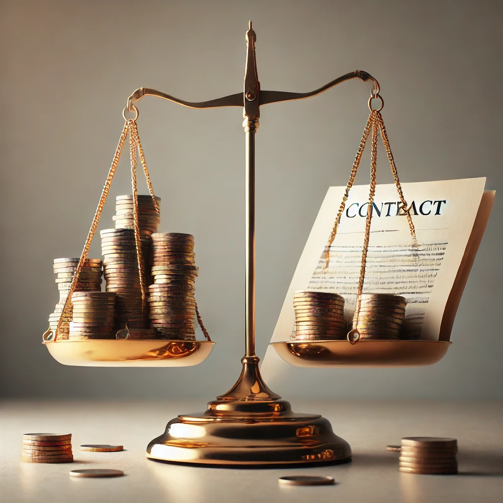 L’image représente une balance dorée en équilibre, avec une pile de pièces sur un plateau et un document contractuel sur l’autre, illustrant l’équilibre entre engagement financier et obligation légale. L’arrière-plan est sobre et éclairé de manière douce, renforçant l’atmosphère sérieuse et professionnelle. L’aspect doré de la balance apporte une notion de valeur et d’importance.