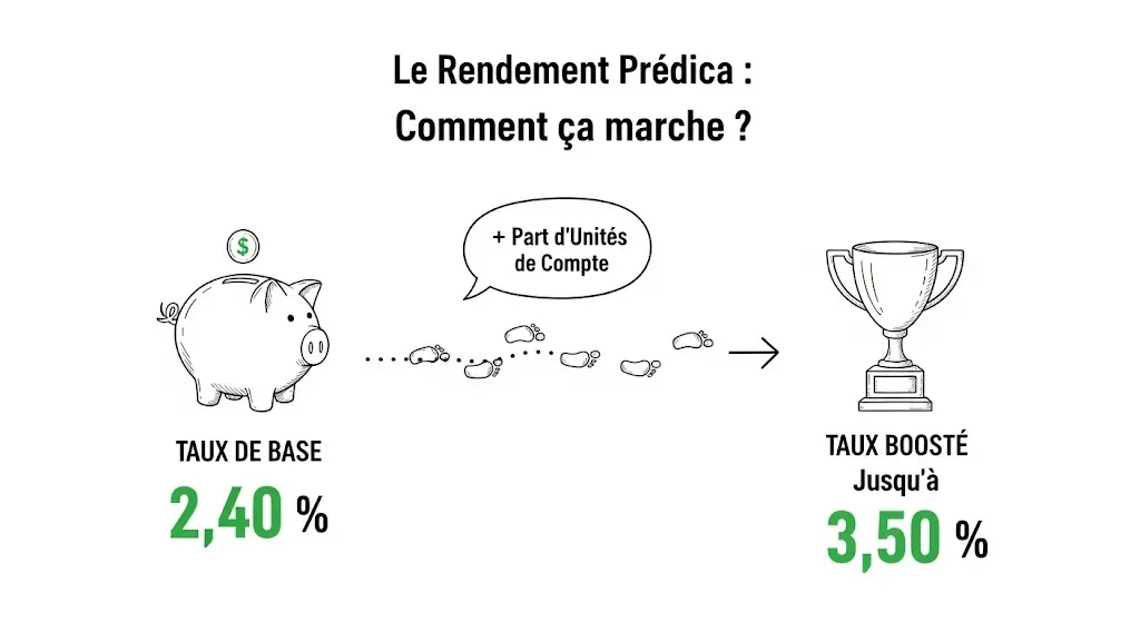 Une infographie dessinée à la main sur fond blanc explique comment fonctionne le rendement. À gauche, un dessin de tirelire indique un "Taux de Base" de 2,40%, relié par un chemin à une coupe à droite. Le chemin est légendé "+ Part d'Unités de Compte", menant au "Taux Boosté" qui peut atteindre jusqu'à 3,50%.