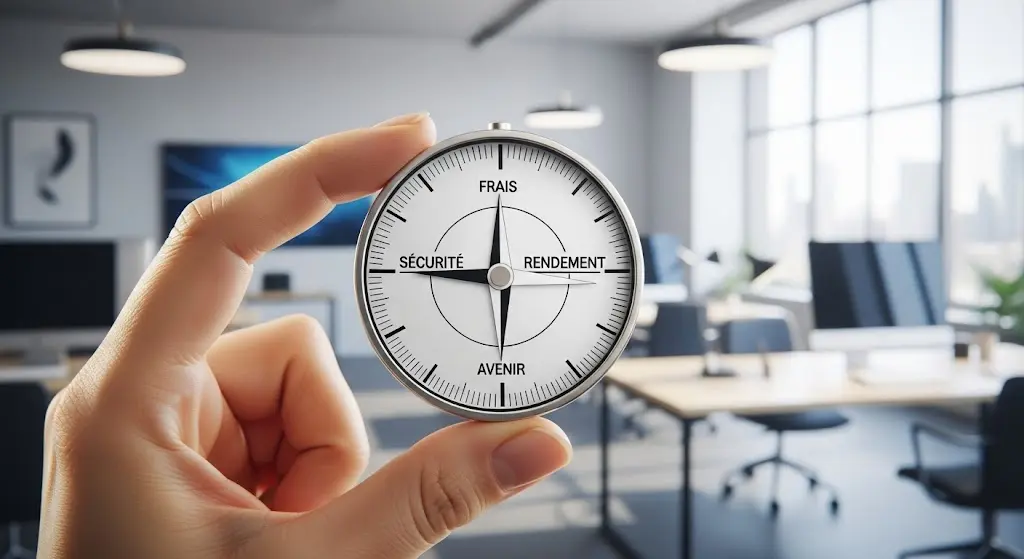 Une main tient une boussole moderne et épurée sur un fond de bureau lumineux et flouté. Sur le cadran, les mots "SÉCURITÉ", "RENDEMENT", "FRAIS" et "AVENIR" remplacent les points cardinaux. L'aiguille est positionnée entre "SÉCURITÉ" et "RENDEMENT", symbolisant le choix financier à faire.