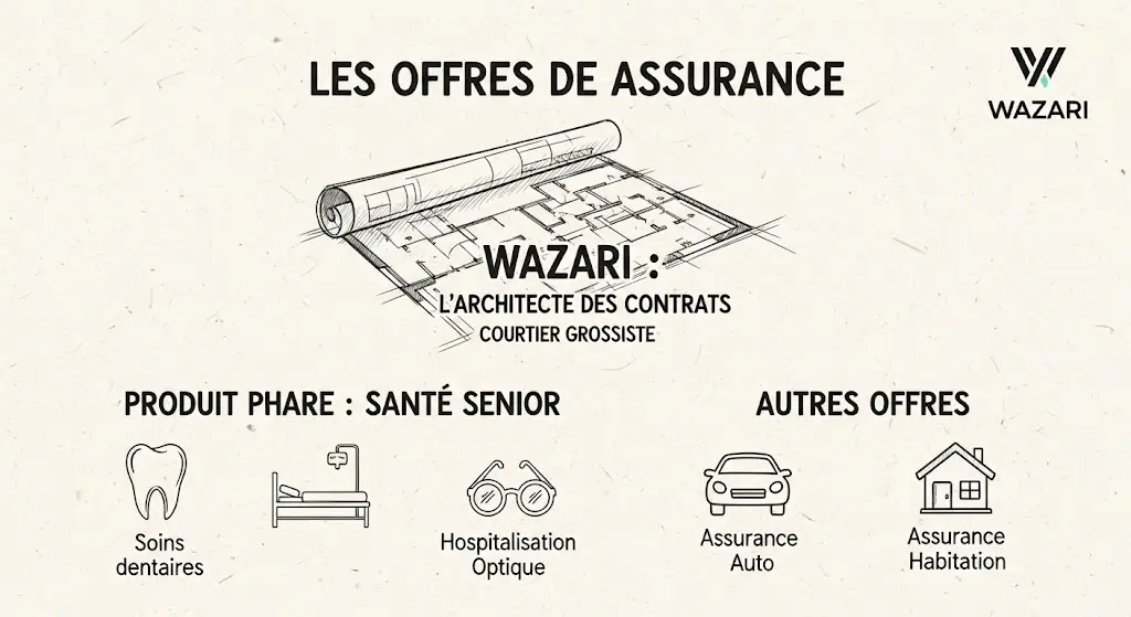 Infographie de style dessiné à la main, expliquant les assurances proposées par Wazari. Au centre, le concept de "courtier grossiste" est illustré, avec les offres de santé senior sur la gauche. Sur la droite, les assurances auto et habitation sont présentées avec des icônes de voiture et de maison.